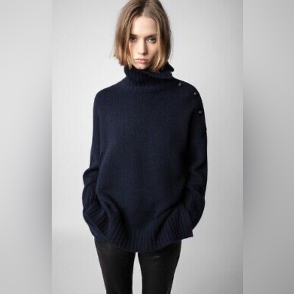 Zadig & Voltaire cashmere sweater navy Alma Button-Trimmed turtleneck small NWT - Picture 1 of 10